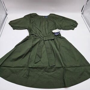 SCOOP Kombu Green Fit N Flare Mini Dress Puffed Sleeves Belted Size S 4-6